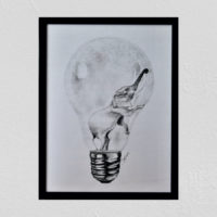 Elephant In Bulb Pencil Sketch With Wooden Frame